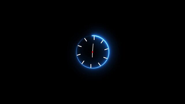 Glowing neon Clock animation. circle analog watch icon. Reverse clock animation showing time running. abstract analog clock animation background. 