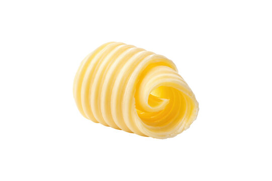 Single spiral curl of fresh yellow butter with smooth creamy layers isolated on a clean white background, ideal for cooking, baking, and food concepts.