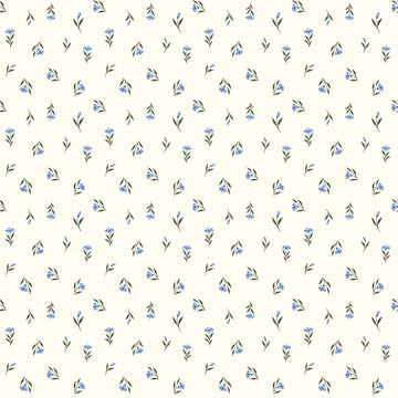 Cream Warm Soft Blue Dainty Floral Seamless Pattern for Vintage Cottagecore Baby Fabric, Nursery Wallpaper and Gift Wrap