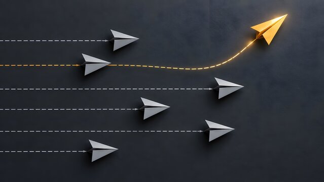 Golden paper airplane pivoting away from a group of grey planes on a dark background illustrating agile business maneuvers bold decisions and unique thinking