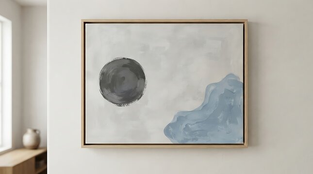 Modern abstract painting in wooden frame hanging on a neutral wall in