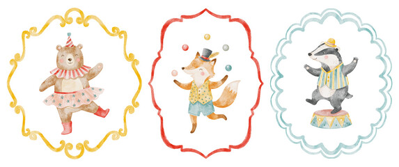 Cute circus animals in frames. Watercolor hand drawn illustration set. Bear, fox and badger art. © Karina Martirosova