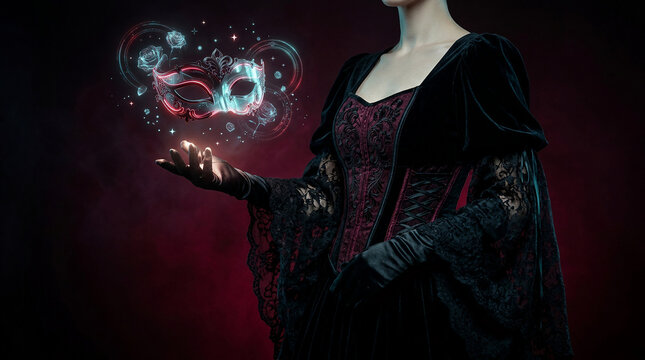 Mysterious woman in elegant gothic attire conjures a shimmering masquerade mask, perfect for a magical Halloween night celebration, evoking dark enchantment and festive mystery