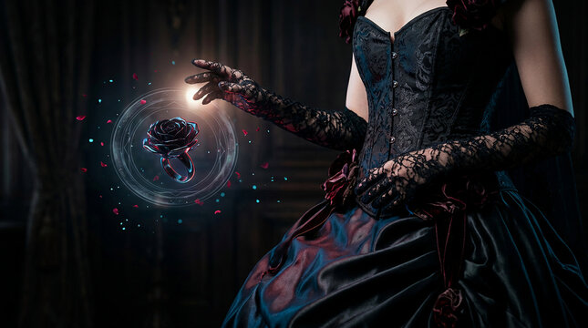 A mysterious gothic sorceress in an elegant gown and lace gloves conjures a glowing magical orb, creating an eerie and enchanting Halloween scene of arcane power