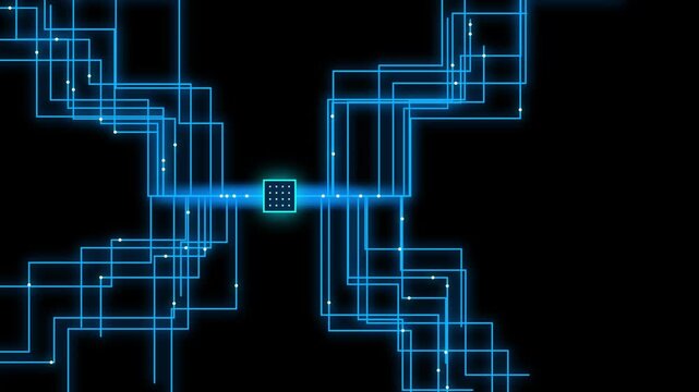 Cyber technology circuit board with glowing blue lines, digital CPU processor animation, futuristic motherboard data flow background