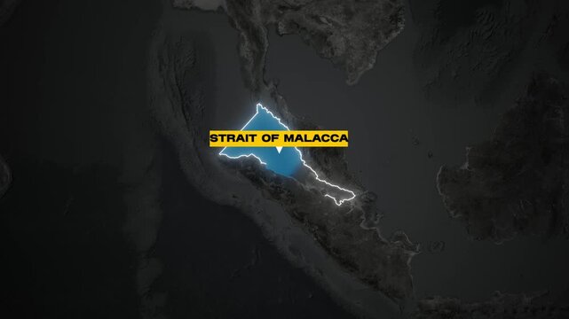 Zoom into Strait of Malacca animation with blue glowing waterway
