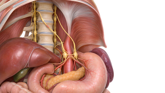 Autonomic Neuropathy of Sympathetic and Parasympathetic Nerves, Photorealistic 3D Anatomy Render Showing a Focal Nerve Lesion with Preserved Structures for Medical Education and Healthcare Design