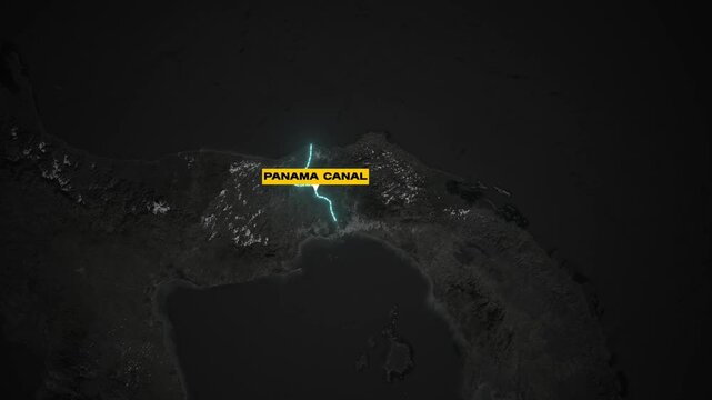 Zoom into Panama Canal animation with glowing waterway on dark map