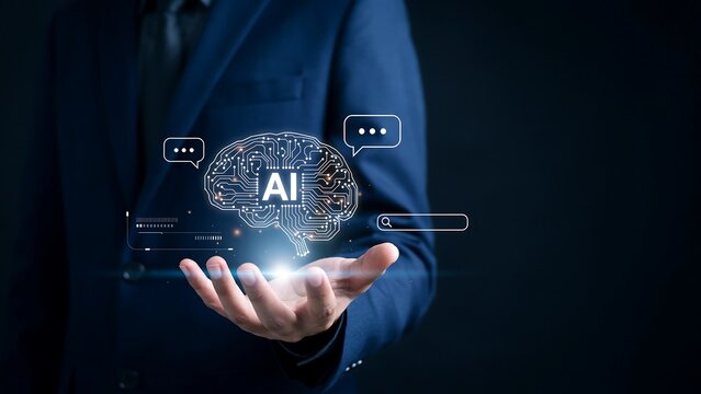 Businessman holding glowing AI brain network against dark background with digital elements symbolizing innovation and technology