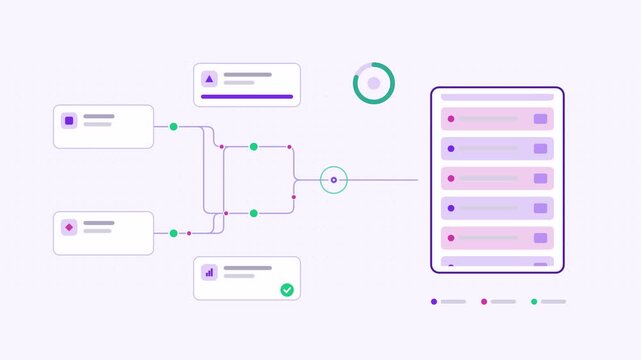 Animated ai audit logging record visualised as a node network in a modern flat vector style. Smooth looping 4K motion graphic with soft soft neutral colours, floating interface cards and flowing dots 