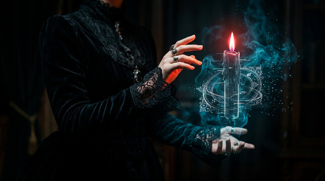 Enigmatic figure conjures a shimmering blue spell from a glowing candle, creating an ethereal glow in a dark, mysterious room, perfect for halloween night
