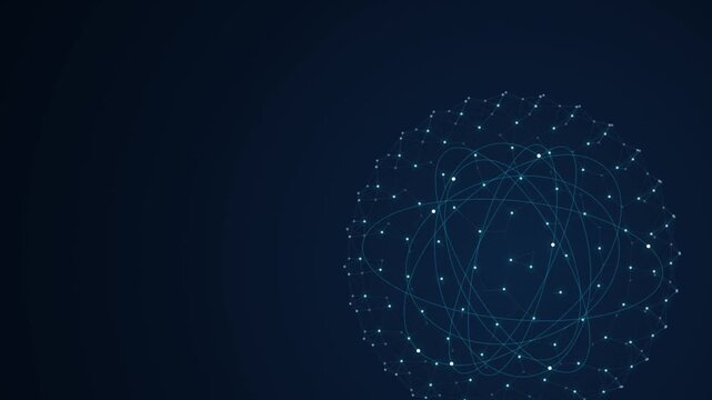 Futuristic digital network sphere with glowing blue data points, abstract technology background with plexus nodes, global communication concept