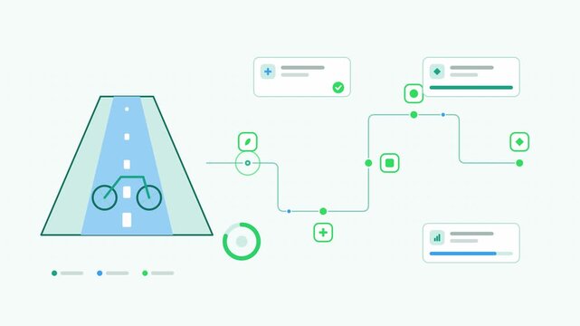 Animated bike infrastructure planning network build visualised as a node network in a modern flat vector style. Smooth looping 4K motion graphic with soft teal and turquoise colours, floating interfac