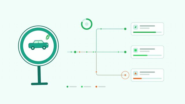 Animated low emission zone access visualised as a split flow in a modern flat vector style. Smooth looping 4K motion graphic with soft teal and turquoise colours, floating interface cards and flowing 