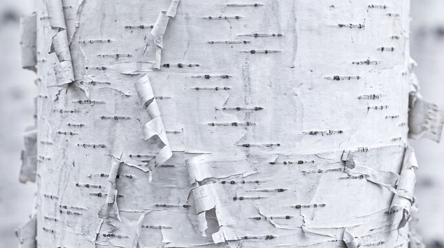 Close-up of peeling white birch tree bark texture