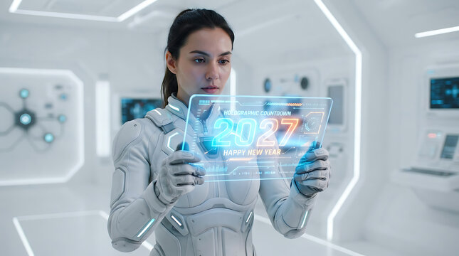 Woman in white suit holding happy new year 2027 holographic screen