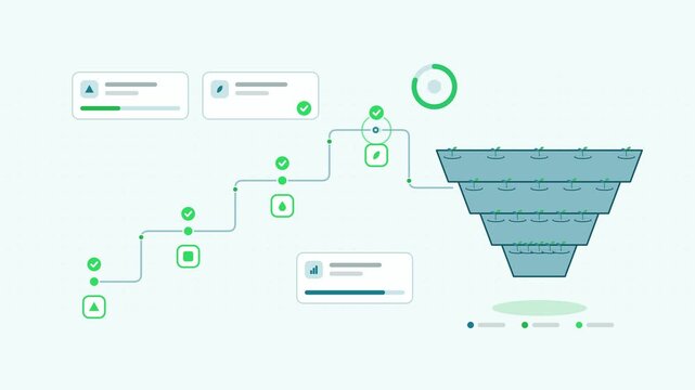 Animated mine site rehabilitation recovery visualised as a stage sequence in a modern flat vector style. Smooth looping 4K motion graphic with soft teal and turquoise colours, floating interface cards