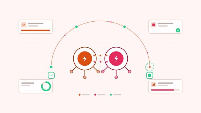 Seamless 4K looping animation showing a grid digital twin state sync presented as a process flow. Flat vector icons, UI cards and animated connector lines move across a clean light background in warm 
