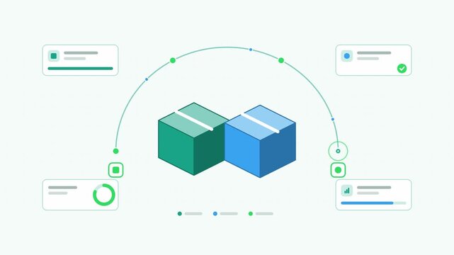 Seamless 4K looping animation showing a byproduct exchange plant to plant presented as a two way exchange. Flat vector icons, UI cards and animated connector lines move across a clean light background
