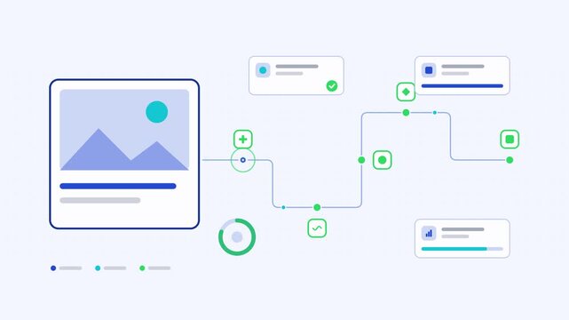 Seamless 4K looping animation showing a image captioning scene description presented as a process chain. Flat vector icons, UI cards and animated connector lines move across a clean light background i