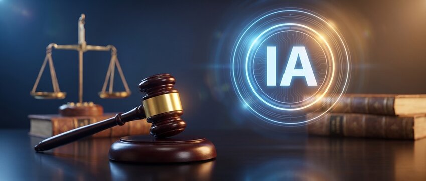 Concept juridique de l'intelligence artificielle : marteau de juge, balance de la justice et hologramme IA, r&eacute;glementation du num&eacute;rique et droit des technologies