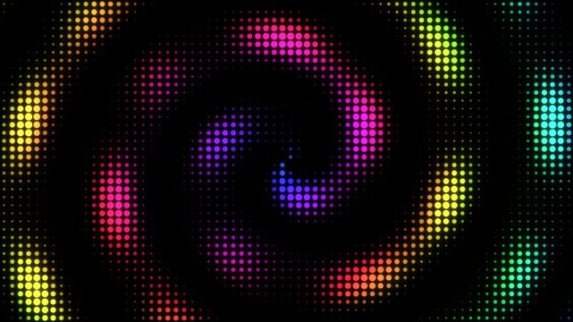 Vibrant halftone spiral background with colorful neon dots, retro digital pixel art pattern in a psychedelic swirl, abstract rainbow dotted texture