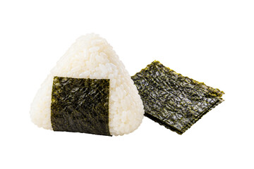 Triangular Japanese onigiri rice ball wrapped with roasted nori seaweed beside stacked seaweed sheets, isolated on a clean white background. © MJ iceberg