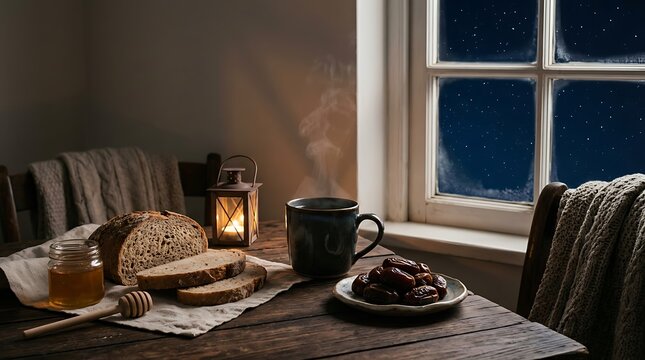 Rustic wooden table set with warm bread and hot beverage at night