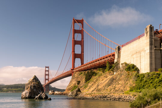 Golden Gate Bridge seen from Fort Baker shoreline along the San Francisco Bay