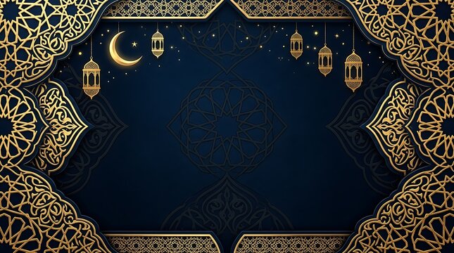 Islamic Ramadan Mubarak frame with lanterns and crescent moon