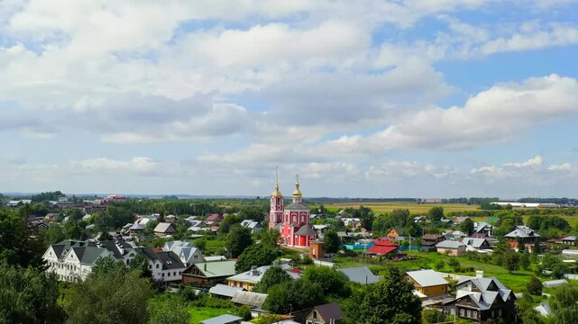 Suzdal, Russia. Flight. Church of the holy noble princes Boris and Gleb on the Borisov side or Borisoglebskaya church. Drone footage