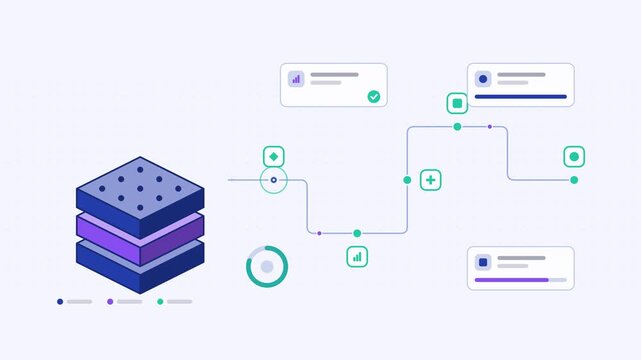Seamless 4K looping animation showing a pilot to production scaling presented as a process chain. Flat vector icons, UI cards and animated connector lines move across a clean light background in blue 