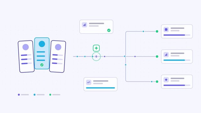 Animated vendor evaluation criteria selection visualised as a converging flow in a modern flat vector style. Smooth looping 4K motion graphic with soft blue and azure colours, floating interface cards