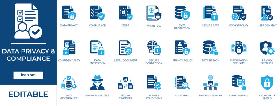 Data privacy & compliance editable icon set. Features security policy, password protection, database encryption, firewall shield, information regulation, and document audit.