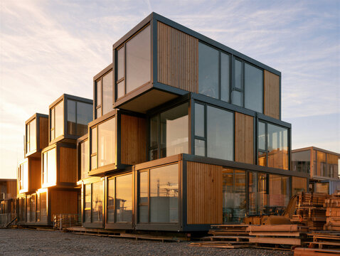 Modular wooden and glass buildings stacked at a waterfront construction site. Contemporary modular architecture and prefabricated housing. Sustainable building design and urban development.