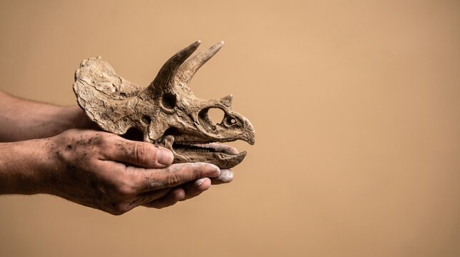Archaeologist dirty hands holding triceratops dinosaur skull fossil on beige background