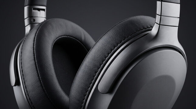 Photorealistic Luxury Headphone Macro Banner with Black Leather Ear Cushions, Intricate Stitching and Refined Metallic Details.