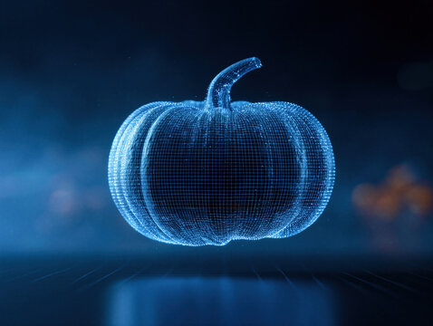 Blue holographic pumpkin rendered as a glowing digital wireframe. Halloween technology concept and seasonal design. Virtual object, 3D visualization and futuristic interface background.