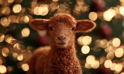 Fototapeta premium Adorable baby lamb in front of glowing Christmas lights