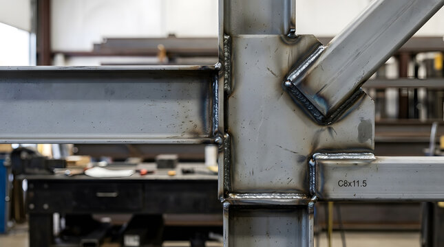 Industrial steel beam construction showing detailed welded joints and structural metal framework inside a professional fabrication shop. Close-up view of heavy-duty iron trusses and reinforced metal 