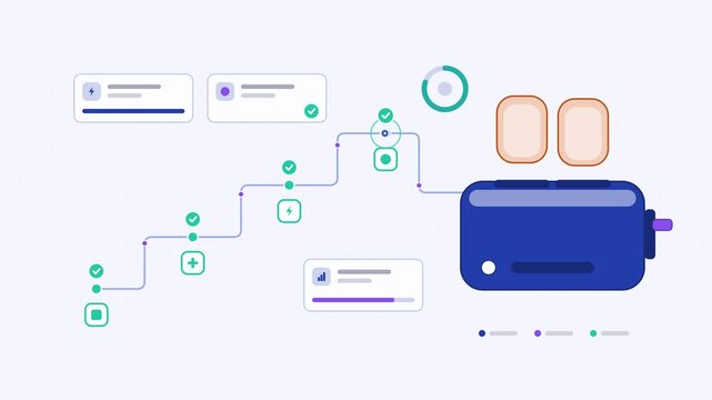 Animated toaster popping visualised as a stage ladder in a modern flat vector style. Smooth looping 4K motion graphic with soft blue and azure colours, floating interface cards and flowing dots on a l