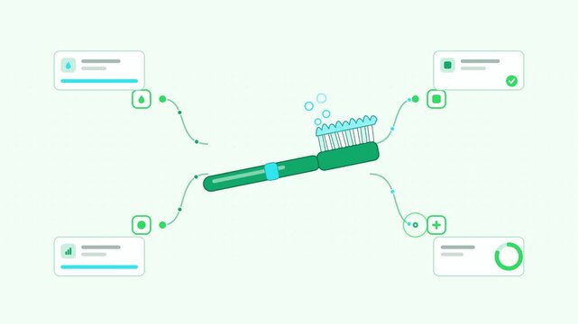 Seamless 4K looping animation showing a toothbrush with paste presented as a network hub. Flat vector icons, UI cards and animated connector lines move across a clean light background in fresh green t