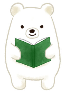 立って本を読む白クマの水彩風イラスト