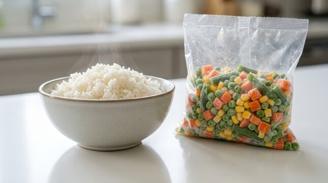 Steamed Rice and Frozen Vegetables Prepared for a Healthy Meal in a Modern Kitchen