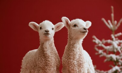 Fototapeta premium Two baby sheep pose near a snowy pine, set against a rich red backdrop