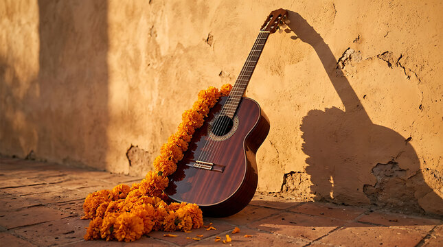 Acoustic guitar leaning against a rustic adobe wall decorated with vibrant orange marigold flowers at sunset