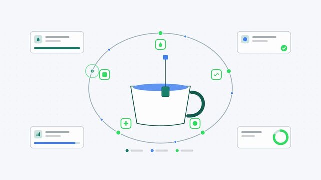 Animated tea bag dipping visualised as a loop cycle in a modern flat vector style. Smooth looping 4K motion graphic with soft blue and azure colours, floating interface cards and flowing dots on a lig