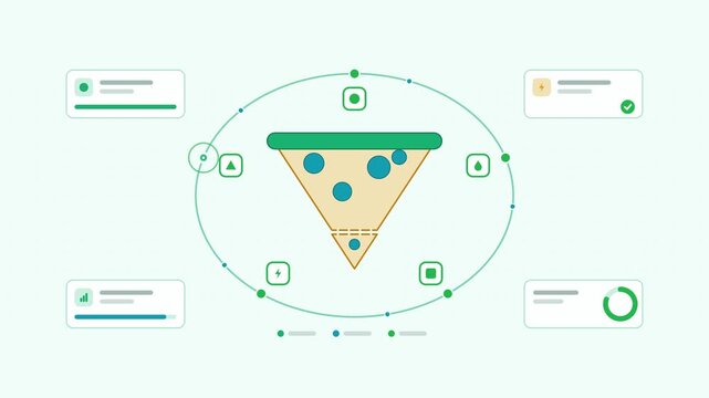 Animated pizza slice visualised as a loop cycle in a modern flat vector style. Smooth looping 4K motion graphic with soft fresh green colours, floating interface cards and flowing dots on a light back