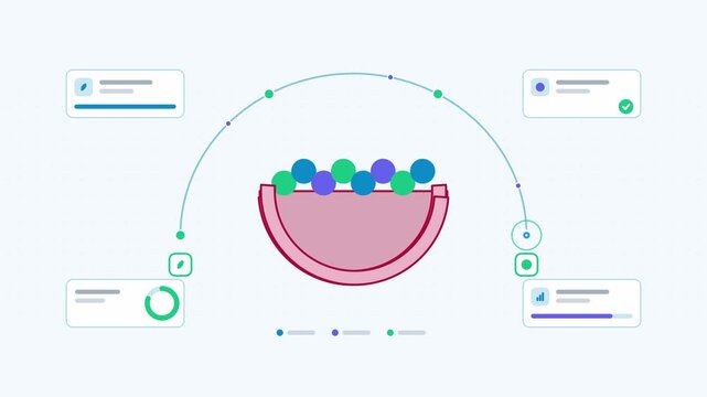 Seamless 4K looping animation showing a taco shell presented as a back forth. Flat vector icons, UI cards and animated connector lines move across a clean light background in warm red and coral tones.