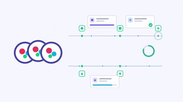 Animated sushi roll visualised as a parallel lanes in a modern flat vector style. Smooth looping 4K motion graphic with soft blue and azure colours, floating interface cards and flowing dots on a ligh